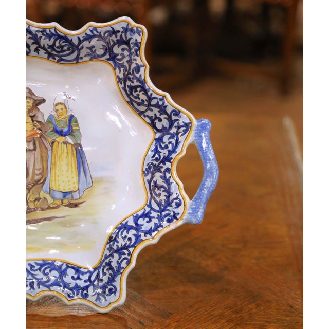 Blue 19th Century French Porquier-Beau Quimper Faience Tray Platter With Handles For Sale - Image 8 of 11