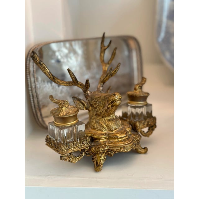 19th Century French Dore Gold Gilt Metal Stag Head Double Inkwell For Sale - Image 4 of 11