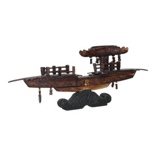 Antique Early 1900s Chinese Dragon Boat Figurine With Pagoda Detail and Bone Inlay For Sale