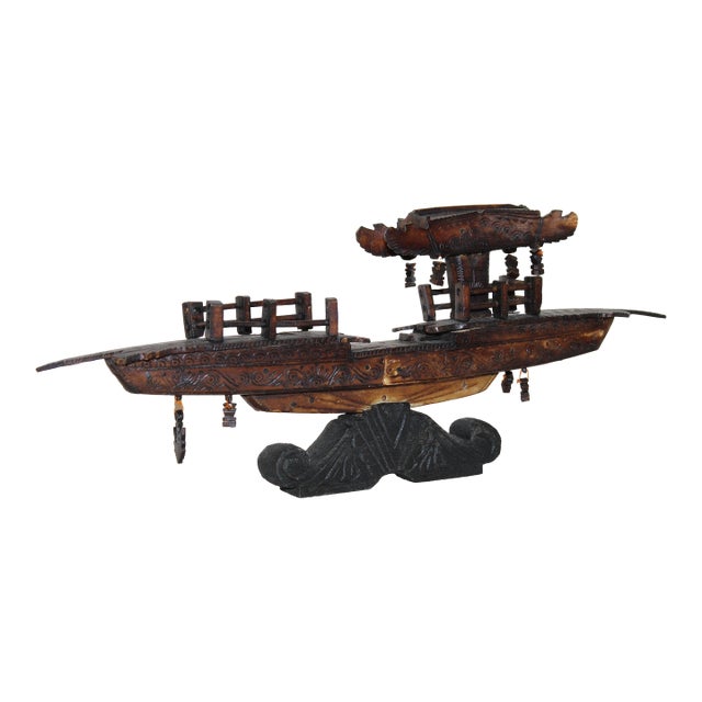 Antique Early 1900s Chinese Dragon Boat Figurine With Pagoda Detail and Bone Inlay For Sale