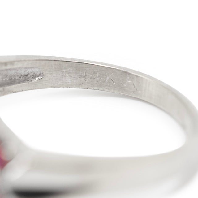 Silver Antique 14k White Gold 1.33ctw Old Cut Diamond Ruby Three Stone Cocktail Ring, Size 7.25 For Sale - Image 8 of 9