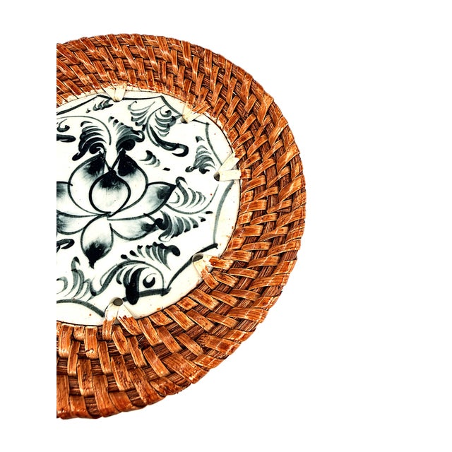 2020s Asian Bat Trang Vietnam Rattan & Ceramic Coasters With Blue Lotus Floral Motif - Set of 6 For Sale - Image 5 of 8