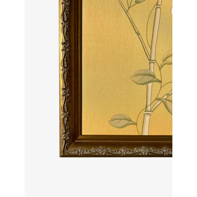Bird on Branch on Golden Silk Painting. For Sale In Los Angeles - Image 6 of 9