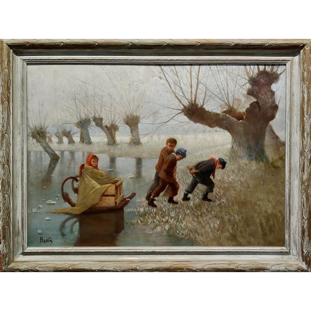 Jean Pierre Haag -Kids Playing W/ Sled on a Frozen Lake-19th Century Oil Painting For Sale - Image 10 of 10