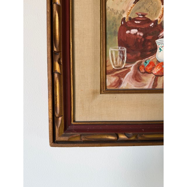 1970s Vintage Still Life Oil on Board Painting of Teapot, Strawberries & Mug – Framed For Sale In Miami - Image 6 of 11