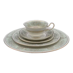 1970s Wedgwood Columbia Sage Green Rim Gold Floral 57 Piece Place Setting