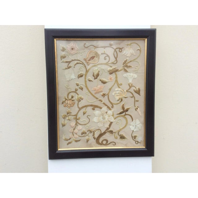 Great looking framed European Textile Needlework Picture of scrolling flower vines. There is minor damage as shown in images.