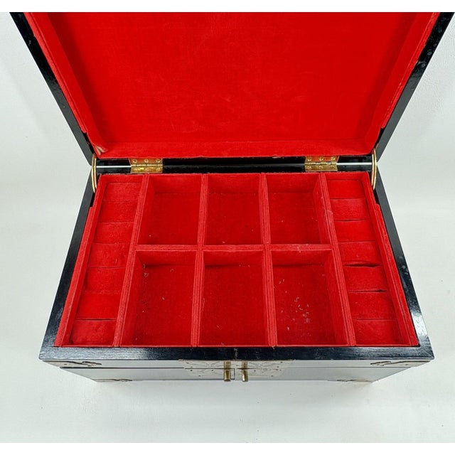 Large Vintage Chinese Black Lacquer Jewelry Box With Ornate Brass "Fu" Detail For Sale - Image 11 of 11