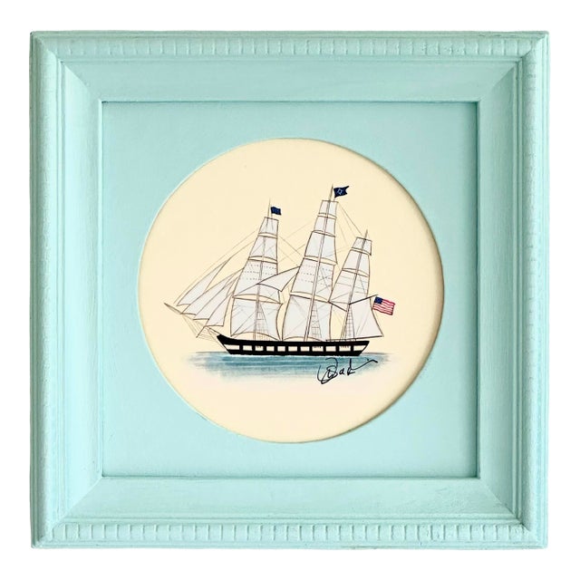 Original Hand-Painted Sailboat in a Hand-Painted Blue Frame and Mat For Sale
