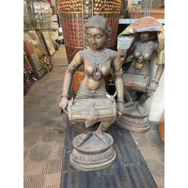 Vintage 1930s Aspara Musical Ladies Playing Dholak Indian Bronze Statues - Set of 2 For Sale - Image 9 of 10