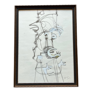 Original Wayne Cunningham Abstract Mixed Media Drawing in Vintage Frame