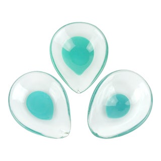 Vintage Venini Signed Murano Tiffany Blue Teal Green Italian Art Glass Midcentury Teardrop Ring Dishes - Set of 3 For Sale
