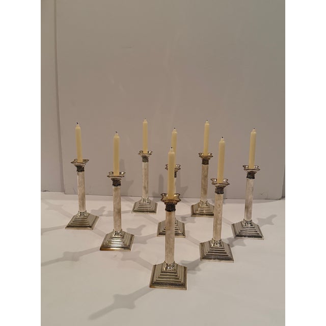 Neoclassical Set of 8 Silver Plate Corinthian Column Candlesticks For Sale - Image 3 of 12