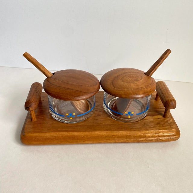 Mid Century Danish Modern 1969s Teak Condiment Set With Tray & Spoons Mustard Relish For Sale - Image 6 of 9