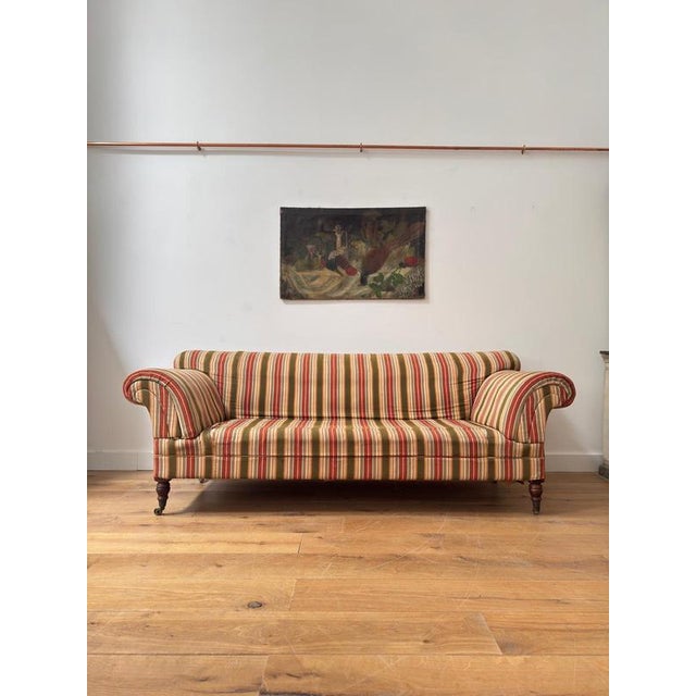 English Country House Deep Striped Scrolling Sofa For Sale - Image 4 of 10