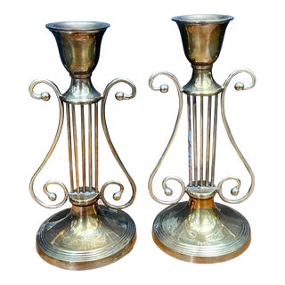 Brass Harp Candle Holders Pair For Sale