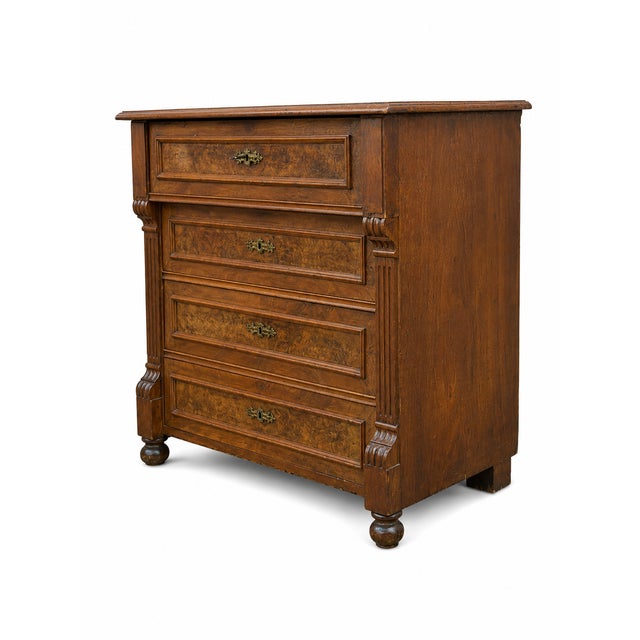 Antique Louis Philippe Chest of 4 Drawers in Walnut and Burl Veneer, 1920s For Sale - Image 4 of 11