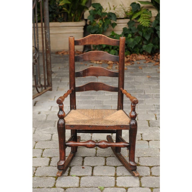 Brown English 1800s Georgian Period Plum Wood Child's Rocking Chair with Rush Seat For Sale - Image 8 of 11