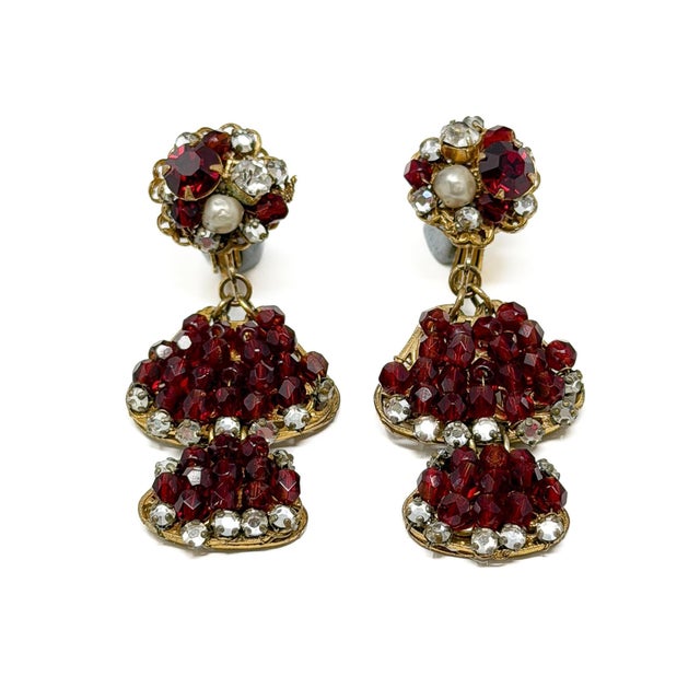 Vintage Red Glass Bead and Rhinestone Drop Earrings by Robert DeMario, 1950s, Set of 2 For Sale - Image 6 of 11