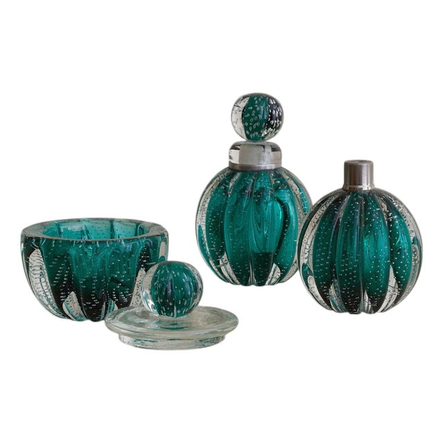 3-Piece Italian Murano Bullicante Glass Vanity Set, 1940s For Sale