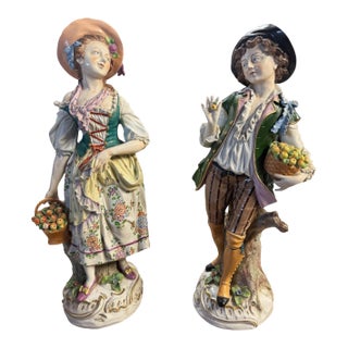 Antique Sitzendorf German Porcelain Figurines Pair Fruit Sellers 20” Large For Sale
