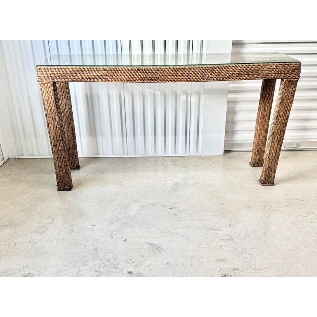 Rustic Thai Style Vintage Long Woven Rattan/Wicker Console Table With Glass Top For Sale - Image 10 of 10