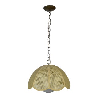 Vintage 1970s Scalloped Woven Basket Pendant With Globe Light For Sale