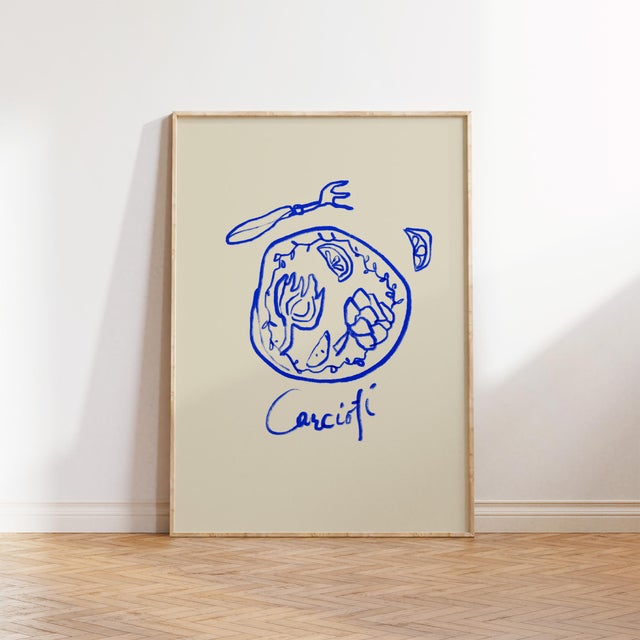 Abstract open edition giclee print. 20"x28" Elegant vivid blue lines naive drawing of artichokes ("Carciofi" in Italian)...