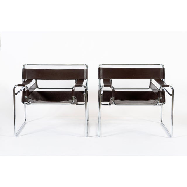 Knoll Mid Century Dark Brown Leather Wassily Arm Chairs by Marcel Breuer for Knoll, Signed, 1960s For Sale - Image 4 of 13