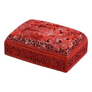 Vintage Chinese Cinnabar Lacquer Rectangular Lidded Box With Figural Carving For Sale