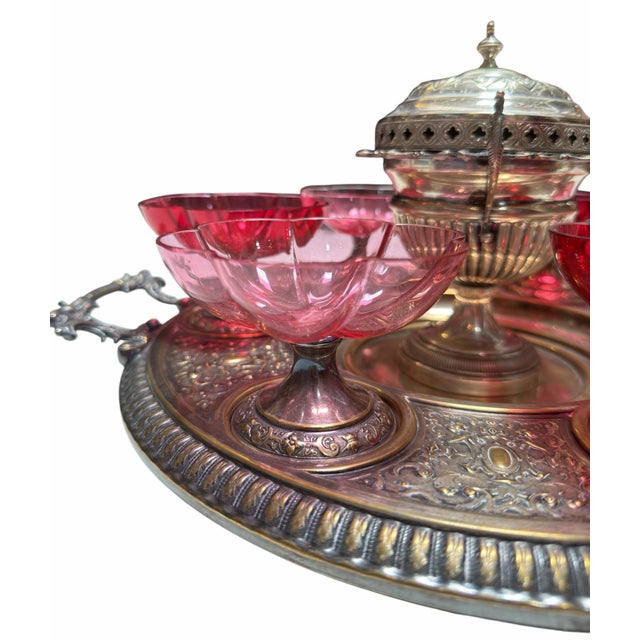 Antique WMF Silver on Bronze Centerpiece With Lobmeyr Quadrafoil Footed Bowls. It includes six WMF footed bowls with...