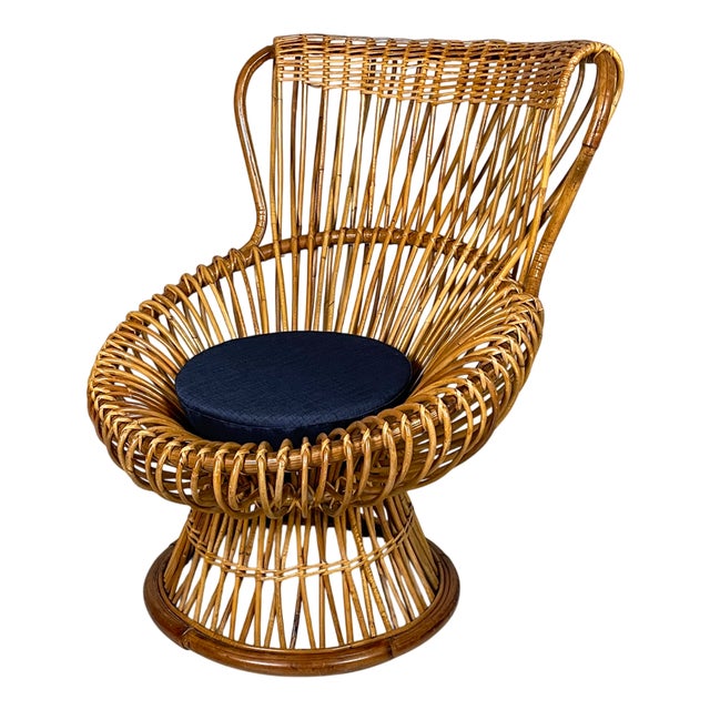 Mid-Century Modern Italian Armchair in Rattan and Fabric, 1960s For Sale