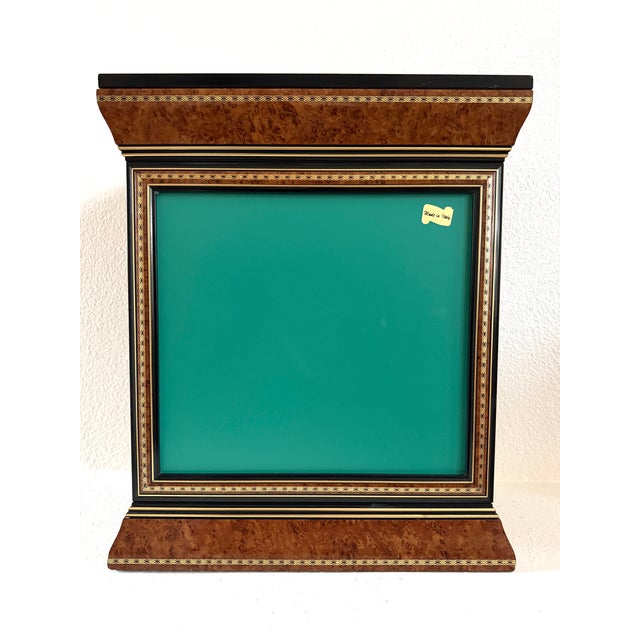 Burnt Umber A Vintage Style Double Glass Mirrored Burl Curio Inlaid Marquetry Made in Italy For Sale - Image 8 of 11