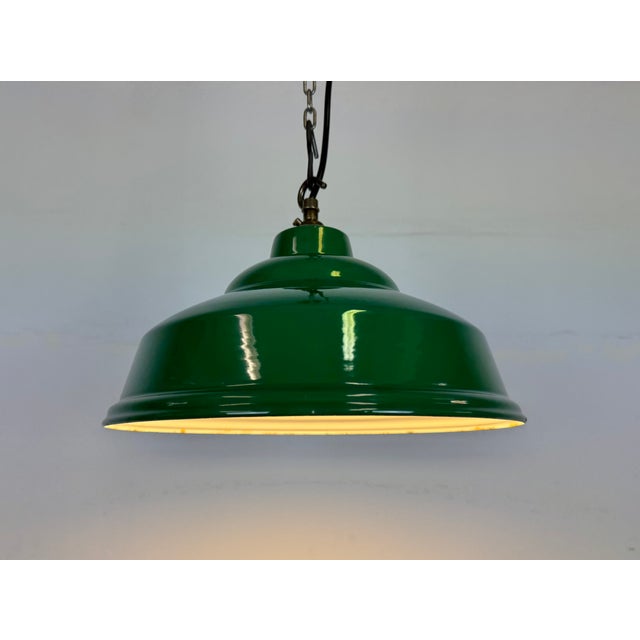 Industrial British Green Enamel Factory Pendant Lamp, 1960s For Sale - Image 14 of 16