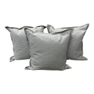 Striated Blue With White Ticking Stripe Throw Pillows, Set of Three For Sale