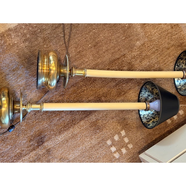 1980s Chapman Tall Buffet Cast Brass Table Lamps With Original Black Shades - a Pair For Sale - Image 16 of 17