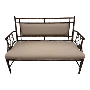 Vintage Chinese Chippendale Faux Bamboo Tan Upholstered Settee