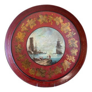 19th Century French Hand-Painted Tole Tray With Harbor Scene For Sale