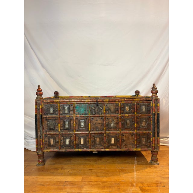 This piece originates likely from Western India and is known as a Damchiya or Dowry Chest, traditionally used for storing...