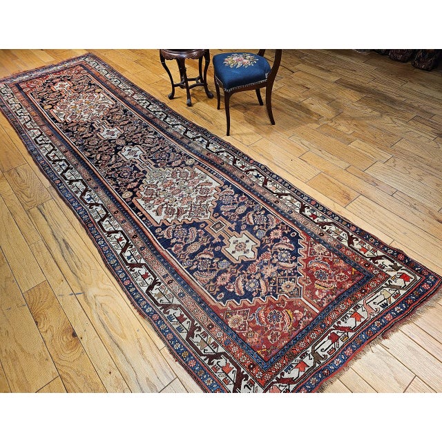 Vintage Bidjar Wide Runner, Hand-Knotted Wool, Geometric Medallion Pattern, Navy & Ivory, 4x14 For Sale - Image 9 of 18