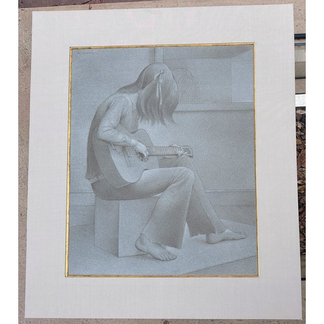 1970s Original Signed Henderson "Study for Guitar" Pencil and White Wash Sketch in Grey Linen and Gold Matting For Sale - Image 14 of 14