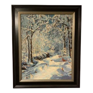 Vintage Cool Toned Vertical Winter Landscape Oil Painting by Earl E. Evans