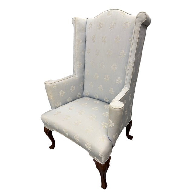 English Baker Furniture Attributed Blue Damask Wingback Chairs - A Pair For Sale - Image 3 of 15
