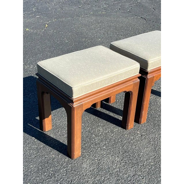 Billy Baldwin Pair of Solid Cherry Upholstered Ottomans or Stools For Sale - Image 4 of 6