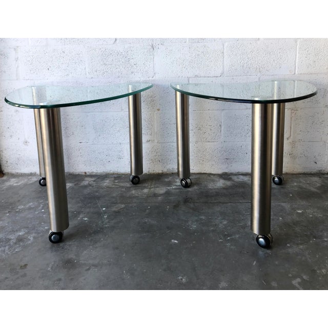 Late 20th Century Kidney Shape Glass Side Tables With Casters (A Pair) For Sale - Image 12 of 13
