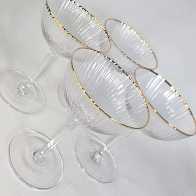 Metal Mid 20th Century Gold Rimmed Ridged Hollywood Regency Champagne Coupes- Set of Four For Sale - Image 7 of 12
