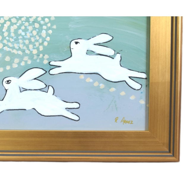 Original one-of-a-kind folk art oil painting of two bunnies, rabbits, or Hares on an artist panel. The talented artist...