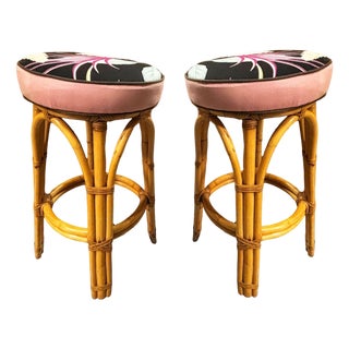 Restored MCM Single Stand Arched Rattan Bar Stool W/ Bark Cloth Seat, Pair For Sale