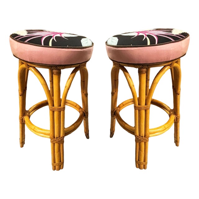 Restored MCM Single Stand Arched Rattan Bar Stool W/ Bark Cloth Seat, Pair For Sale