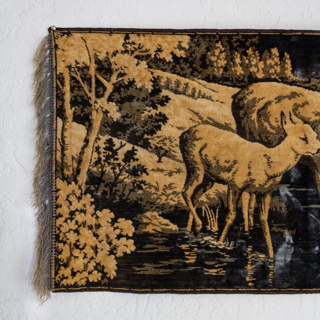 Belgian Woodland Deer Tapestry in Slate Blue and Taupe With Silk Fringe For Sale - Image 4 of 13
